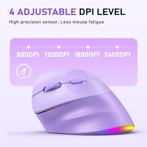 Image of MEETION Left-Handed Ergonomic Mouse, Vertical RGB Wireless Design, Purple | Comfortable vertical grip for left-handed users, rechargeable battery, Bluetooth 5.2 /3.0, USB-A receiver, 4 DPI settings