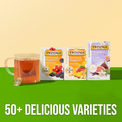 Image of Twinings Superblends Immune Support+ Herbal Tea with Vitamin C, Ginger & Mango Flavoured Green Tea, 16 Tea Bags (Pack of 2), Enjoy Hot or Iced