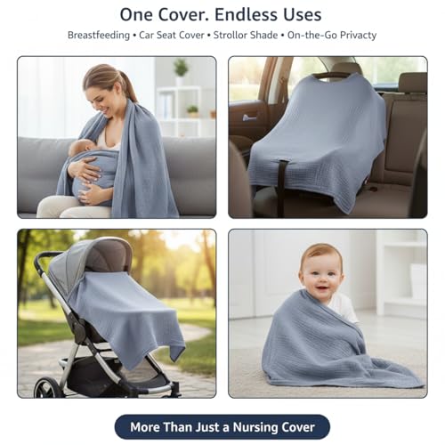 Image of Nursing Cover for Baby Breastfeeding - Breathable 100% Cotton Nursing Apron with Rigid Hoop, Privacy Cover, Lightweight Car Seat Canopy & Multi-Use Baby Essentials -Multi Color (Dusty Blue)