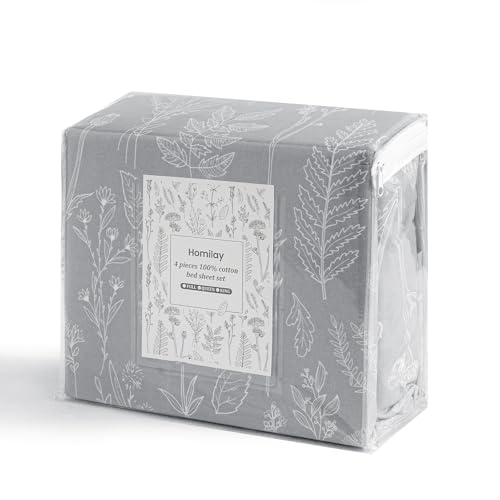 Image of 100% Natural Cotton Percale Sheets Set,Queen Size 4 PC, Breathable&Durable Hotel Quality Bedding, 16 inch Deep Pocket Botanical Floral Bedsheets,Gray