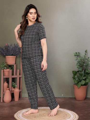 Image of VJ Fashion Women's Cotton Lycra Printed & Knitted Round Neck Night Wear Set of Top and Pazama