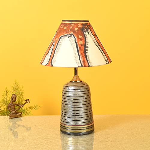 Image of AAKRITI ART CREATIONS Terracotta Table Lamp for Study Room, Bedroom & Living Room Decoration | Abstract Tribal Chevron Pattern Bedside Lamp with Cotton Fabric Shade | Aesthetic Night Lamp
