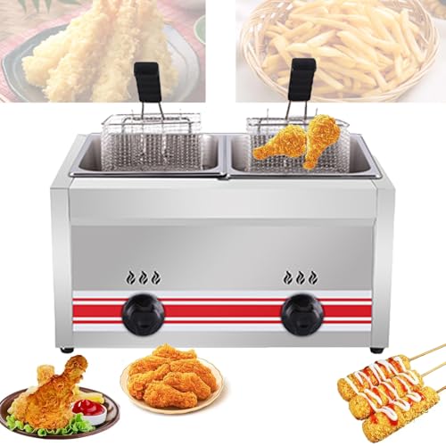 Commercial Single/Double-cylinder Gas Deep Fryer,Thickened Stainless Steel Countertop Oil Fryer, Large Capacity With Temperature Control,Double Fryer (C)