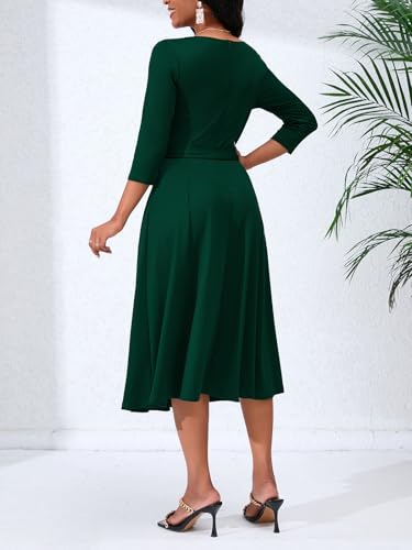Image of PerZeal Women's Caual Midi Dress 3 /4 Sleeve Crewneck A-line Swing Dress