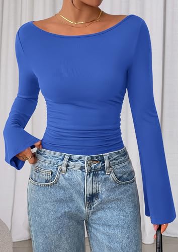 Image of PRETTYGARDEN Women Long Sleeve Shirt 2025 Crop Casual Boat Neck Bell Sleeve Ribbed Ruched Y2K Clothing