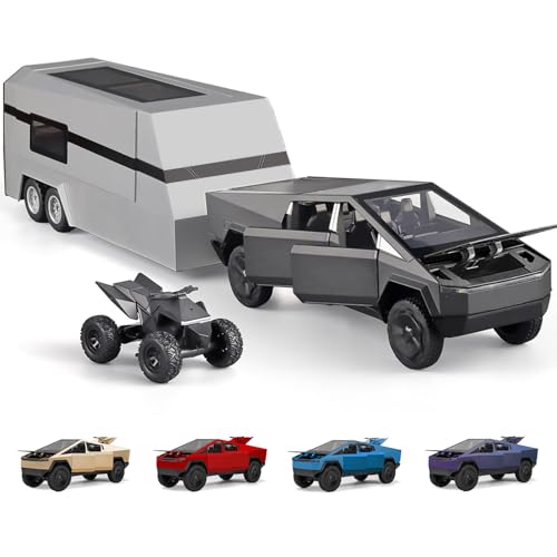1/32 Pickup Truck Toy car 3-in-1 Travel RV Set with Metal Pickup, Removable Camper & Off-Road Motorcycle Cool Sound & Light Effects,Christmas Birthday Gift (Grey)