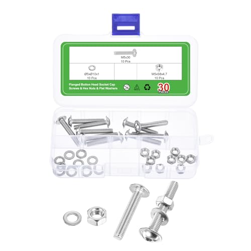 QUARKZMAN 10 Juegos De Tornillos De Cabeza Redonda Con Reborde M5-0.8x30mm Y Tuercas Hexagonales Y Arandelas Planas, 304 Acero Inoxidable Tornillos De Allen, Roscado Completo, Plateado