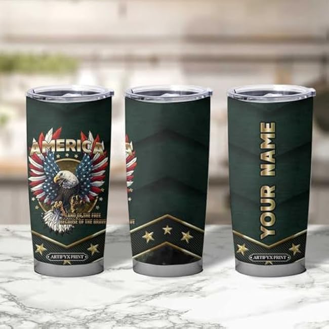 Personalized Patriotic Eagle Tumbler 20oz ¨C Custom Name Land Of The Free Because Of The Brave ¨C Coffee Cup for Veterans, Military, Men, USA Gift