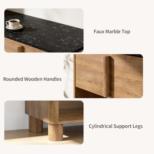 Image of 65 inch Sideboard Buffet Cabinet with Storage Set of 2, Wood Grain Top Credenza with Adjustable Shelves, Curved Accent Cabinet with Round Legs for Dining Room, Living Room, Entryway, Coffee Bar, Walnut