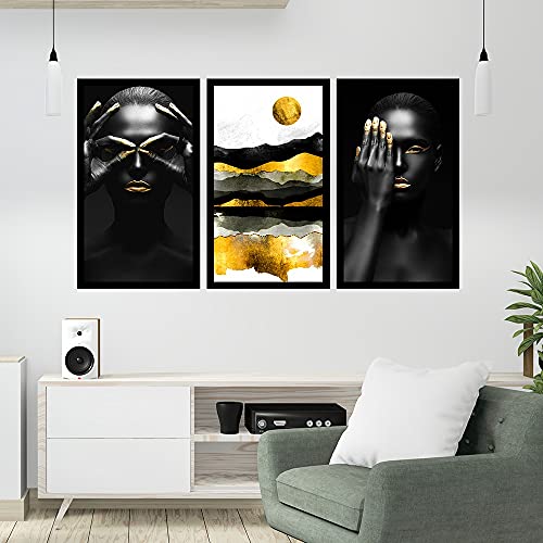 Kit 3 Quadros Decorativos Grandes Mulheres Negras com Pintura Dourada