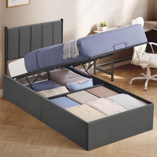 VASAGLE Bettgestell, Bettrahmen, Bett, 90 x 200 cm, klappbar Lattenrost, Unterbettaufbewahrung, Kopfteil, Hydrauliksystem, modern, einfache Montage,...