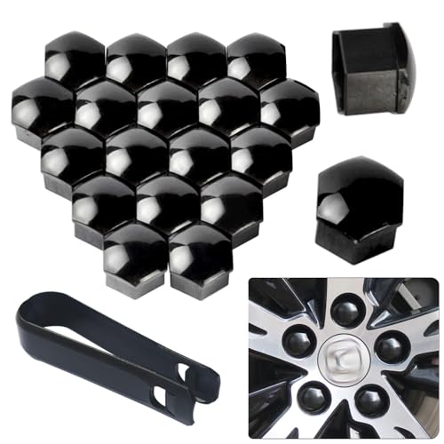 senvenelec Lot de 20 cache-écrous universels en plastique de 19 mm (noir brillant) pour écrous de pneu, cache-écrous de roue, protection décorative, anti-poussière, livré avec un crochet extensible en