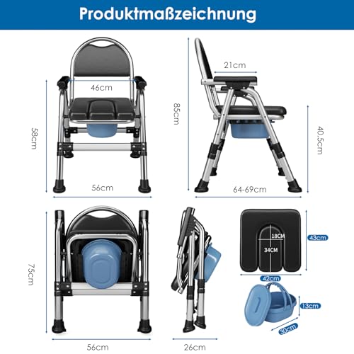 TYGYSDO Toilettenstühle für senioren faltbar, höhenverstellbaren toilettenstuhl Tragfähigkeit 200 kg, 50cm breit Edelstahl fahrbar fahrbarer duschstuhl mit papier halter,weicher Sitzfläche (TY-0312)