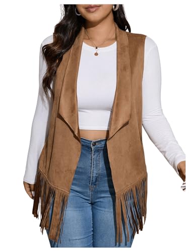 Women's Plus Size Fringe Suede Vest 70s Hippie Faux Western Jacket Tassel Sleeveless Cardigan