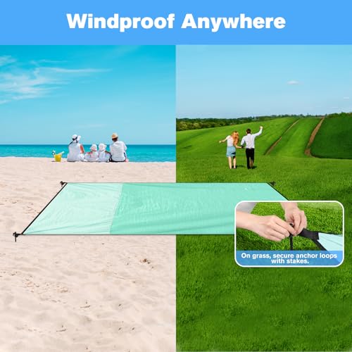 CASEBOT Koc plażowy, bez piasku, super duży, 220 x 200 cm, koc piknikowy, wodoszczelny, lekki, miękki, wygodny, trwały materiał, szerokie paski, mata plażowa, ręcznik plażowy, zielony