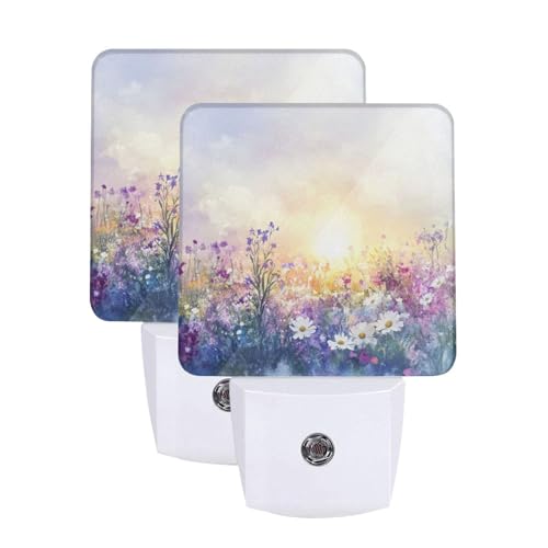 Image of Watercolor Spring Flowers LED Plug-in Night Lamp 2 Piece Set, Nightlights Set of 2 for Bedroom Bathroom