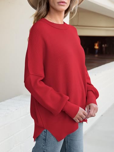 Image of ANRABESS Women Oversized Sweaters Batwing Long Sleeve 2026 Fall Outfits Crewneck Casual Knit Side Slit Fashion Pullover Top