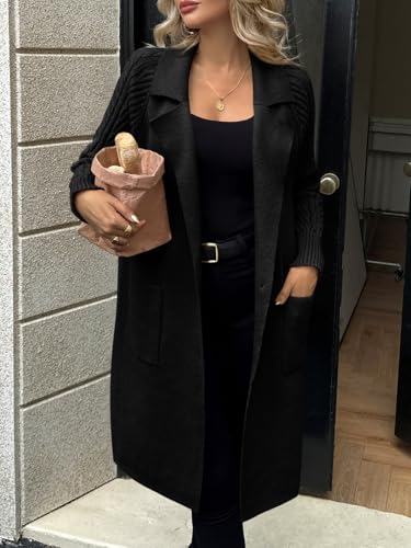 Saodimallsu Womens Long Cardigan Sweaters Chunky Knit Open Front Button Lapel Casual Fall Coatigan Jackets2