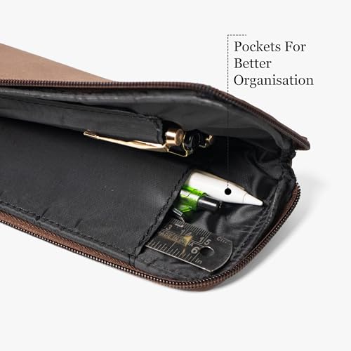 Image of Bellblock Premium Stationery Case & Pencil Pouch | Aesthetic Pencil Case for School /Office | Sleek Portable Pen Organizer | Compact Pen Pouch | Vegan Leather (Brown)