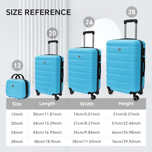 HOUAGI Luggage 4 Piece Sets, Luggage Set with Spinner Wheels and TSA Lock,Carry on Lightweight Hard Shell Luggage, Suitcase Clearance,(12in,20in,24in28in) Aqua Blue - Image 3