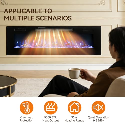 Ultra Thin Electric Fireplace 50"/60" Wall Mounted/Recessed/Freestanding Fire Heater with 12 LED Flame Color 5 Brightness Thermostat Overheat Protection Remote & Touch 750W/1500 (Black, 50inch/127cm) - Image 5