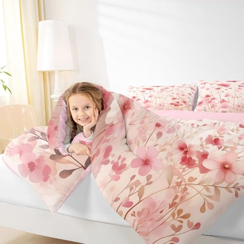 Image of Erosebridal Poppy Flowers King Comforter Set Pink Valentine Bedding Set for Kids Teens Romantic Love Heart Shaped Bed Set Spring Floral Quilt Duvet