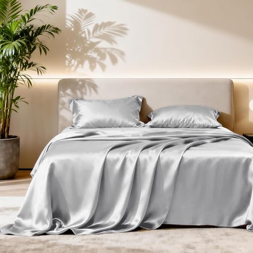 Image of Soft and Silk Satin Bedsheet for Single Bed - 400 TC Romantic Bedsheet Set for Bedroom | Bridal Wedding Bedsheet with Pillow Cover | Ideal for Gifting Silver Gray, Single Bed