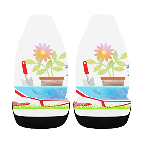 Car Cover XL Gardening Wheelbarrow Flowers Fun Seat Covers 2 Pcs Universal Fit Airbag Compatible for for Car SUV Auto Truck Waterproof Car Cover