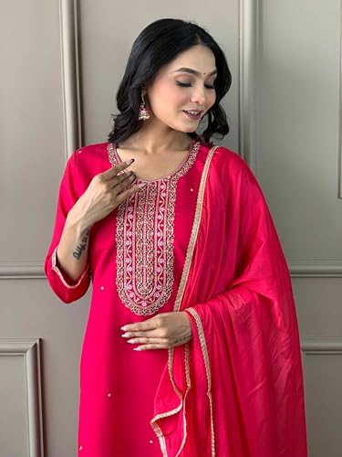Image of Shiv Textiles Women's Chanderi Silk Embroidered Kurta Pant Dupatta Set(JDA-Lilly-Rani-S)