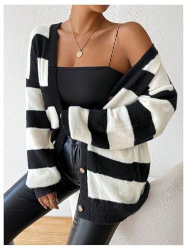 SHENHE Women's Striped V Neck Button Down Knit Cardigans Color Block Vintage Sweater with Pocket4