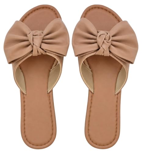 Image of Tiara Women's Bow Sandals, Slip On Flat Slides with Bow Detail | Cute Summer Sandals, Cushioned for All-Day Comfort - Great for Beach, Vacation & Everyday Wear