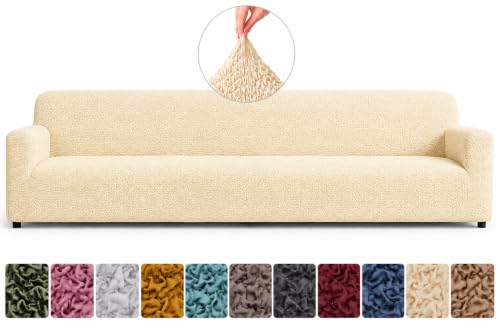 Image of Bellissima Sofa Covers - Premium Luxury Microfibra Plain Stretchable Sofa Cover 5 Seater Fully Covered Slipcover, Imported from Italy (Vanilla)