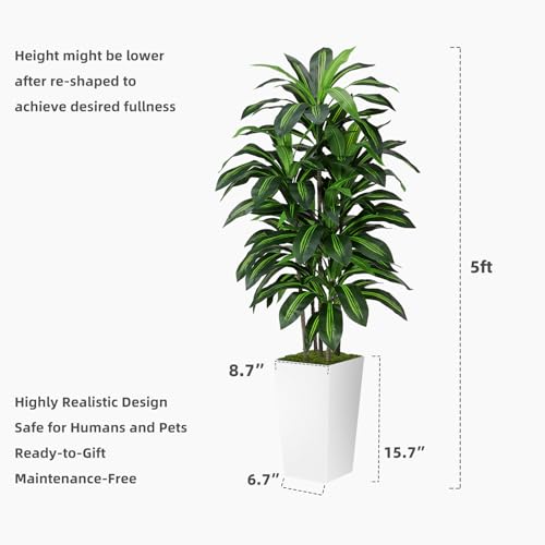 Artificial Dracaena Tree 5FT - Fake Tree with Black Tall Planter - Faux Yucca Tall Fake Floor Plant in Pot - Artificial Plant for Home Office Living Room Decor Indoor