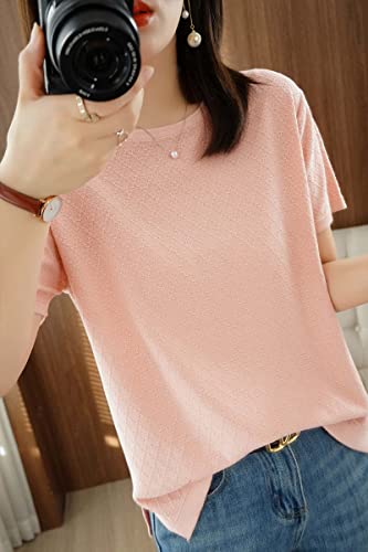 Image of Womens Short Sleeve Sweaters Tops Summer Thin Pullover Cotton Knit Shirt Crew Neck Lightweight Pointelle Blouse