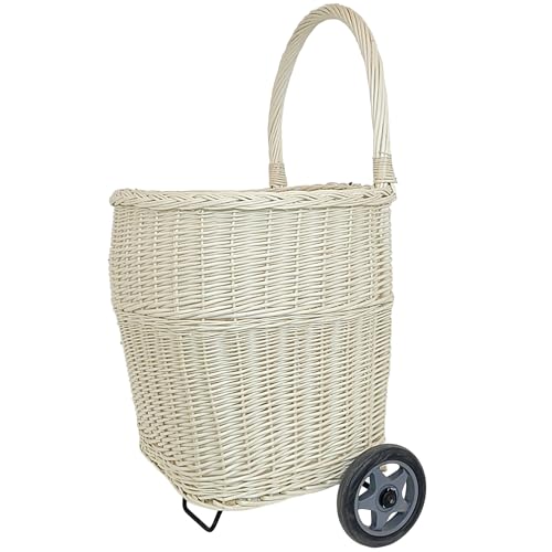 WEECO Grand panier à provisions en osier blanc - Chariot de transport avec roulettes de marché - Panier à bois - Grand chariot pour bois de cheminée - 93 x...