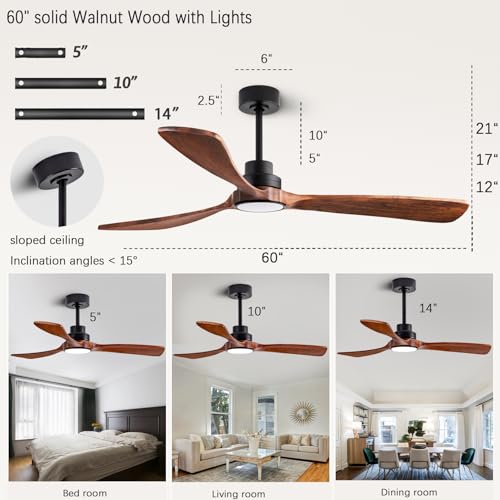 Image of 60-inch Quiet Ceiling Fan Light with Remote Control, 3-Blade, Walnut Finish