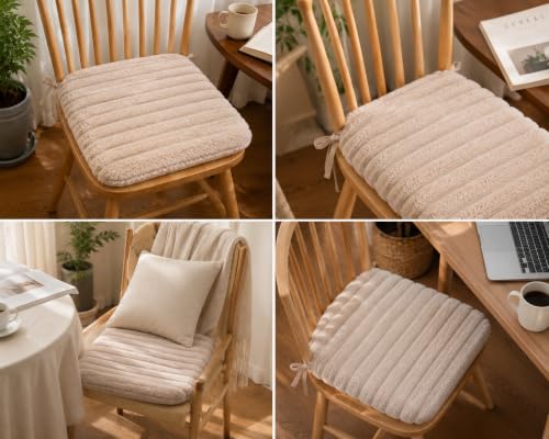 Image of COZY FURNISH Light Taupe Solid Fluffy Chair Seat Cushions with Ties, 16x16 Inch Faux Fur Dining Chair Pads with Foam Filling, Pack of 2