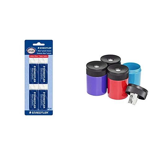 STAEDTLER Mars Plastic, Premium Quality Vinyl Eraser, White & Pencil Sharpener, premium quality sharpener with screw-on lid, prevents accidental openings, compact size