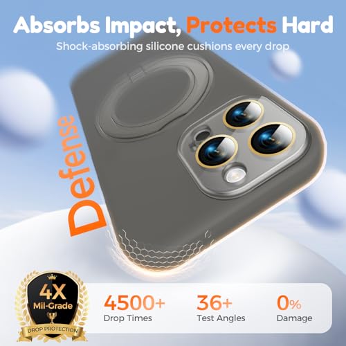 Image of Silicone 360 Spin Magnetic Stand Case for iPhone 16 Pro Max, [Compatible with Mag-Safe][Reinforced Hard Camera Protection] Liquid Silicone Rubber Phone Cover with Ring, Camera Button, Slate Gray