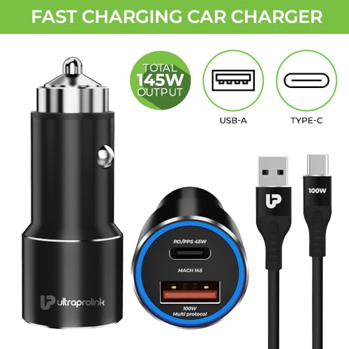 Image of UltraProlink 145W Fast Car Charger | Dash, Warp, SuperVooC, PD Charger | 45W PPS PD Type C and 100W Type A Port |Compatible for iPhone, Oneplus, Samsung, Oppo, Nothing & Pixel | Mach 145 | UM1160