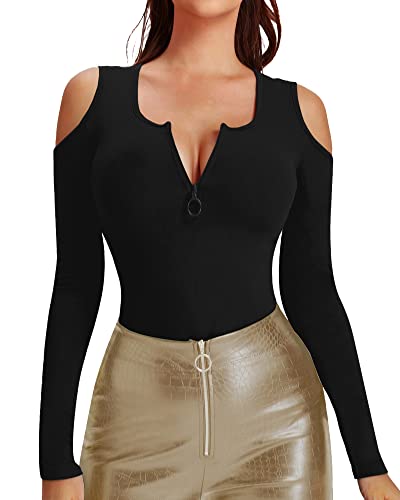 HERLOLLYCHIPS Womens Long Sleeve Tops Cold Shoulder Scoop Neck Zipper Front Fitted Shirts