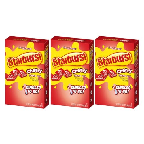 Starburst Singles To Go Powdered Drink Mix, Cherry, 3 Boxes with 6 Packets Each - 18 Total Servings, Sugar-Free Drink Powder, Just Add Water, 6 count (Pack of 3)