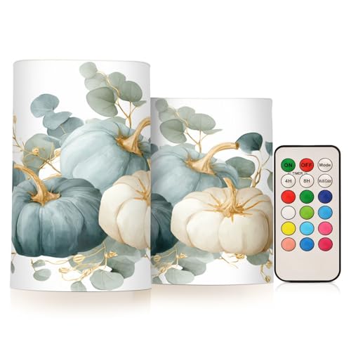 Image of ALAZA Fall Blue Pumpkin Thanksgiving Flickering Flameless Candles Battery Operated with Remote Timer,Tea Light Candles LED Pillar Votive Candles Set of 2 for Outdoor Indoor Decorations