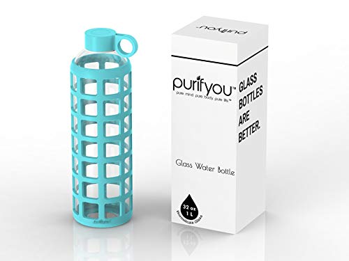 purifyou 40/32/22/12 oz Glass Water Bottles, Reusable with Time & Volume Markings, Non-Slip Silicone Sleeve, Stainless Steel Lid, for Water, Milk & Juice (32oz OceanMist)