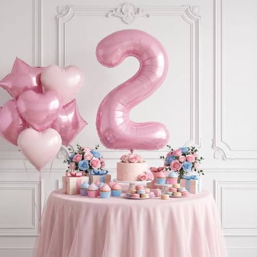 Image of TONIFUL 2nd Birthday Balloons Kit 40 Inch Pink Large Number 2 Foil Balloon | with 18 Inch Helium Foil Star Shaped Balloons for Girls Women Birthday Anniversary Graduation New Year Eve Party Decoration