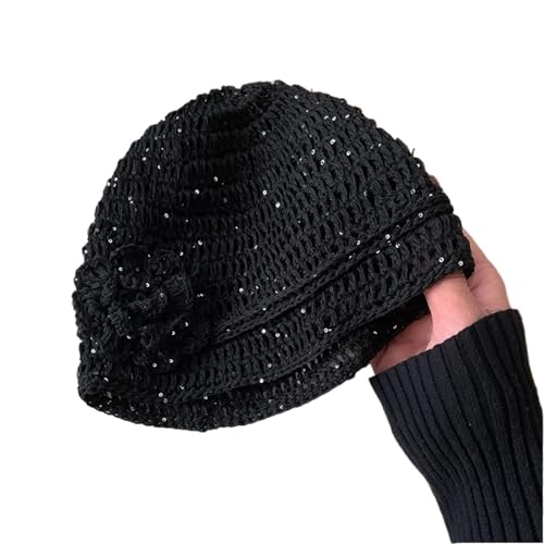 Bonnet crochet femme tricoté creux à motif floral rétro
