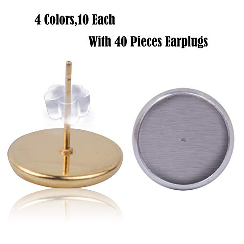 Jdesun 40 Pieces Cabochon Earring Settings With 40 Pices Rubber Backs, Stainless Steel Stud Earring Cabochon Setting Post Cup Fit For 10Mm (4 Colors) #TOP2