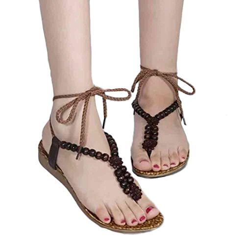 Hot Sandals ! AMA(TM) Women Summer Flat Beads Bohemia Sandals Lady Outdoor Casual Flip Flops Beach Shoes (6, Brown)