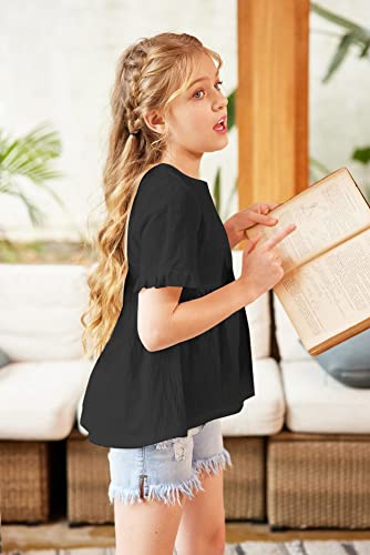 Arshiner Girls Short Sleeve Cotton Linen Tops Basic Plain Ruffles Hem T-Shirts Soft Round Neck Blouses Tees Black 12-13 Years #TOP1