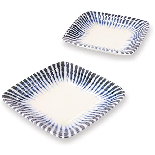 Mino Ware Soy Sauce Square Dish Set, Dipping Plates for Sushi dinner, Indigo Blue, Condiment Plate, Sendan-Tokusa, Japanese Ceramic Plate, Gift, Set of 2, 3.7 inch